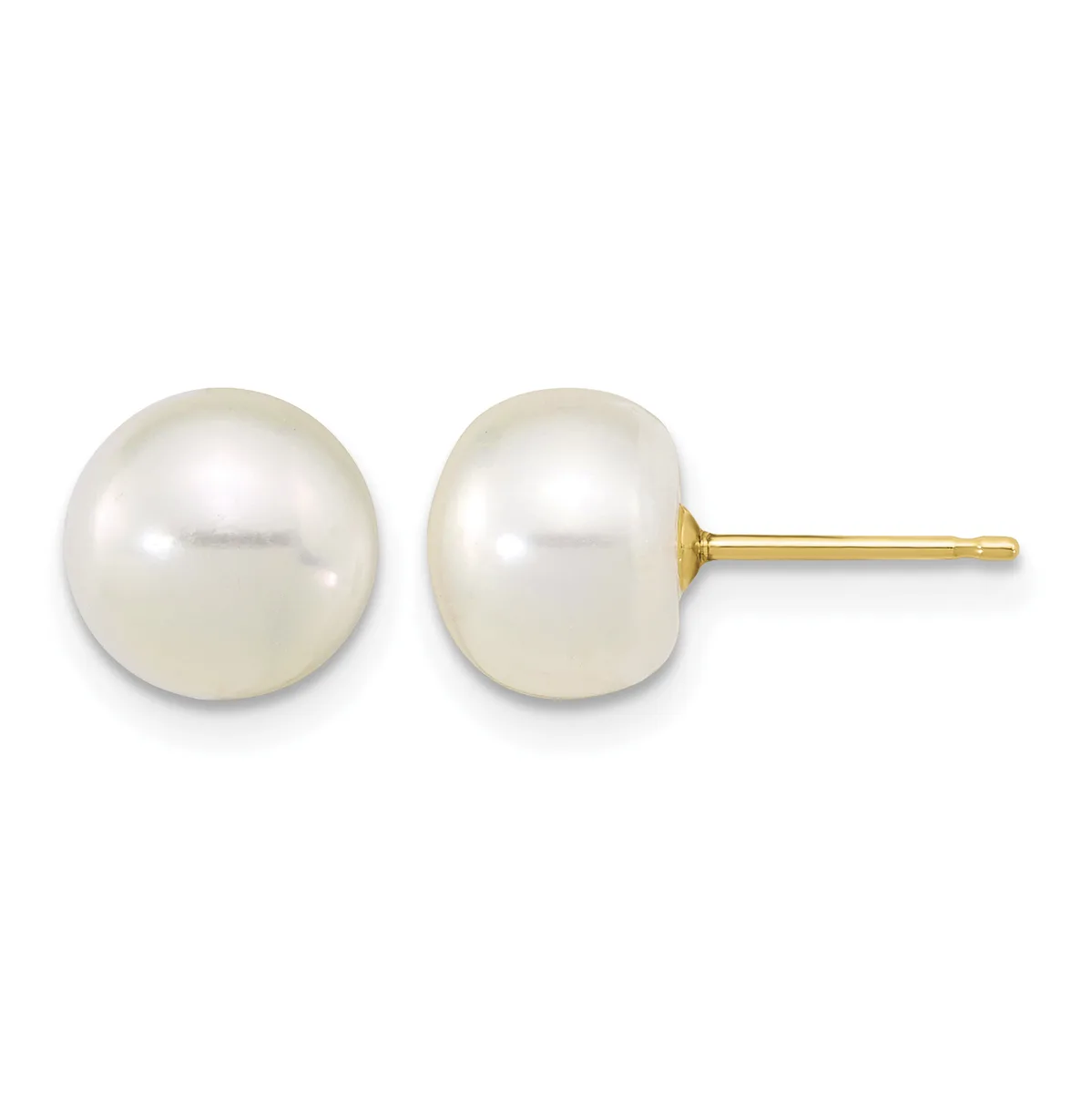 A pair of white pearl stud earrings with gold posts and backs, displayed against a white background.