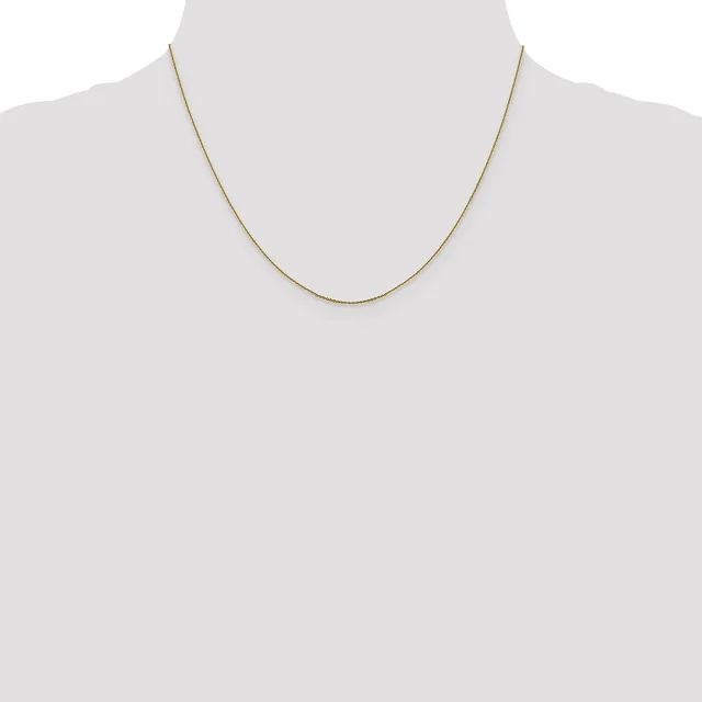 A thin gold chain necklace displayed on a mannequin torso against a white background.