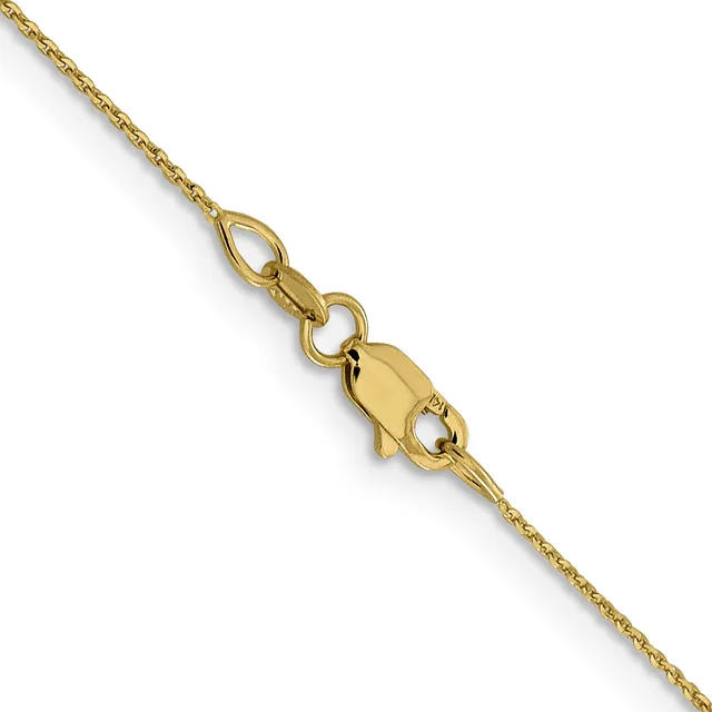 A gold chain necklace with a lobster claw clasp, shown at an angle against a white background.