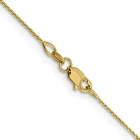 A gold chain necklace with a lobster claw clasp, shown at an angle against a white background.