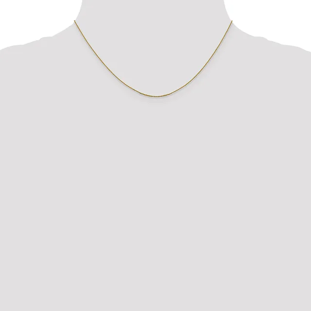 A thin gold-toned chain necklace displayed on a mannequin neck form against a white background.