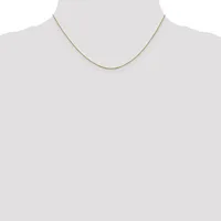 A thin gold-toned chain necklace displayed on a mannequin neck form against a white background.
