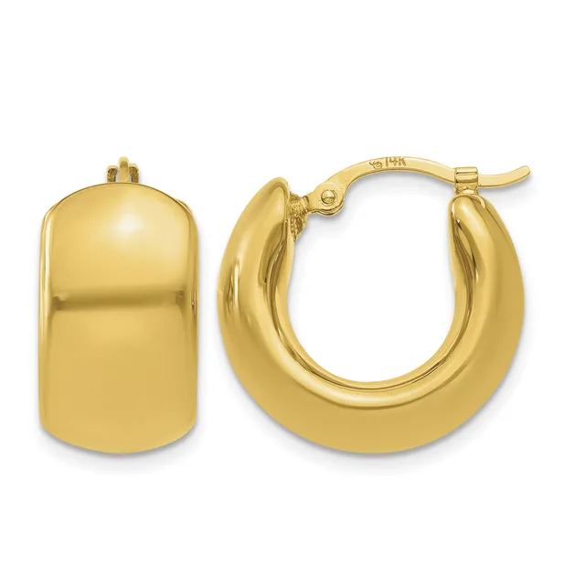 A pair of polished yellow gold hoop earrings shown from two angles, displaying the front view and a side profile with a hinged clasp closure.