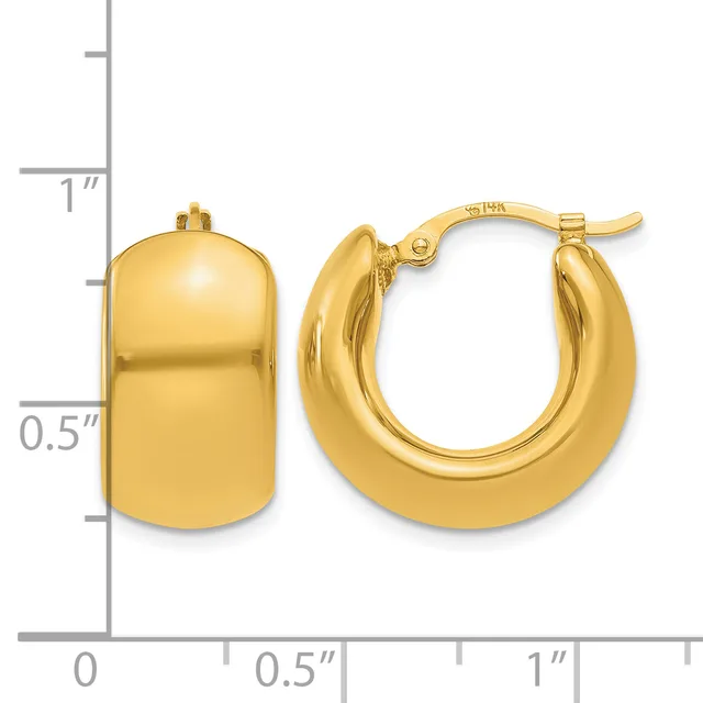 A pair of polished gold hoop earrings with a rounded rectangular shape, shown next to a measurement scale indicating approximately one inch in height and half an inch in width.
