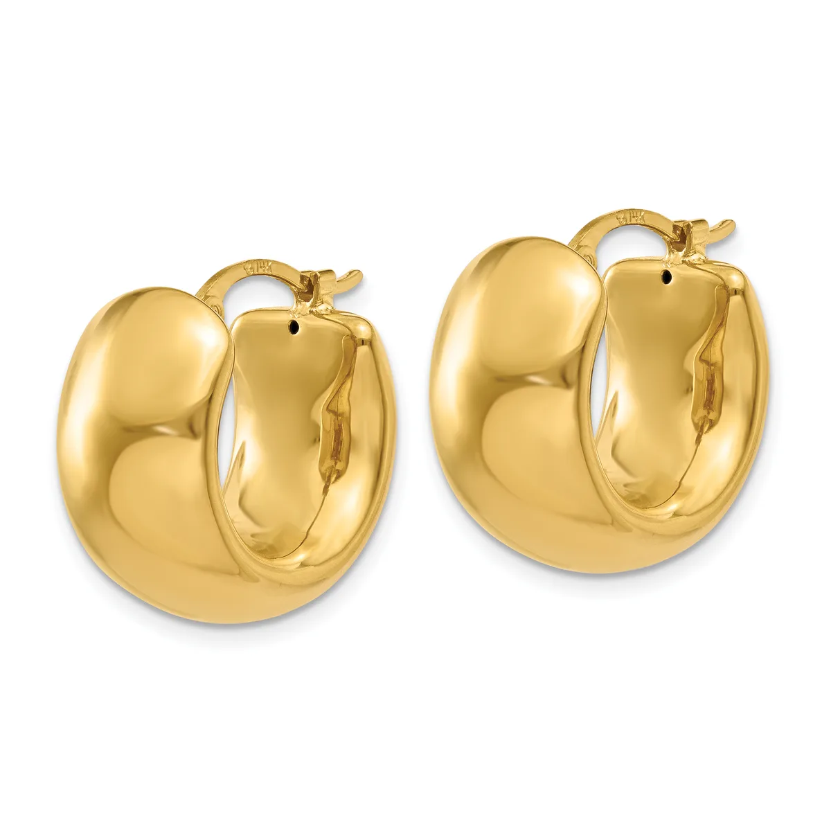 A pair of polished gold hoop earrings with a chunky, curved tubular design and hinged closures, shown from the front.