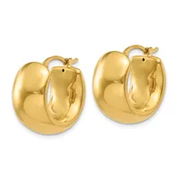 A pair of polished gold hoop earrings with a chunky, curved tubular design and hinged closures, shown from the front.