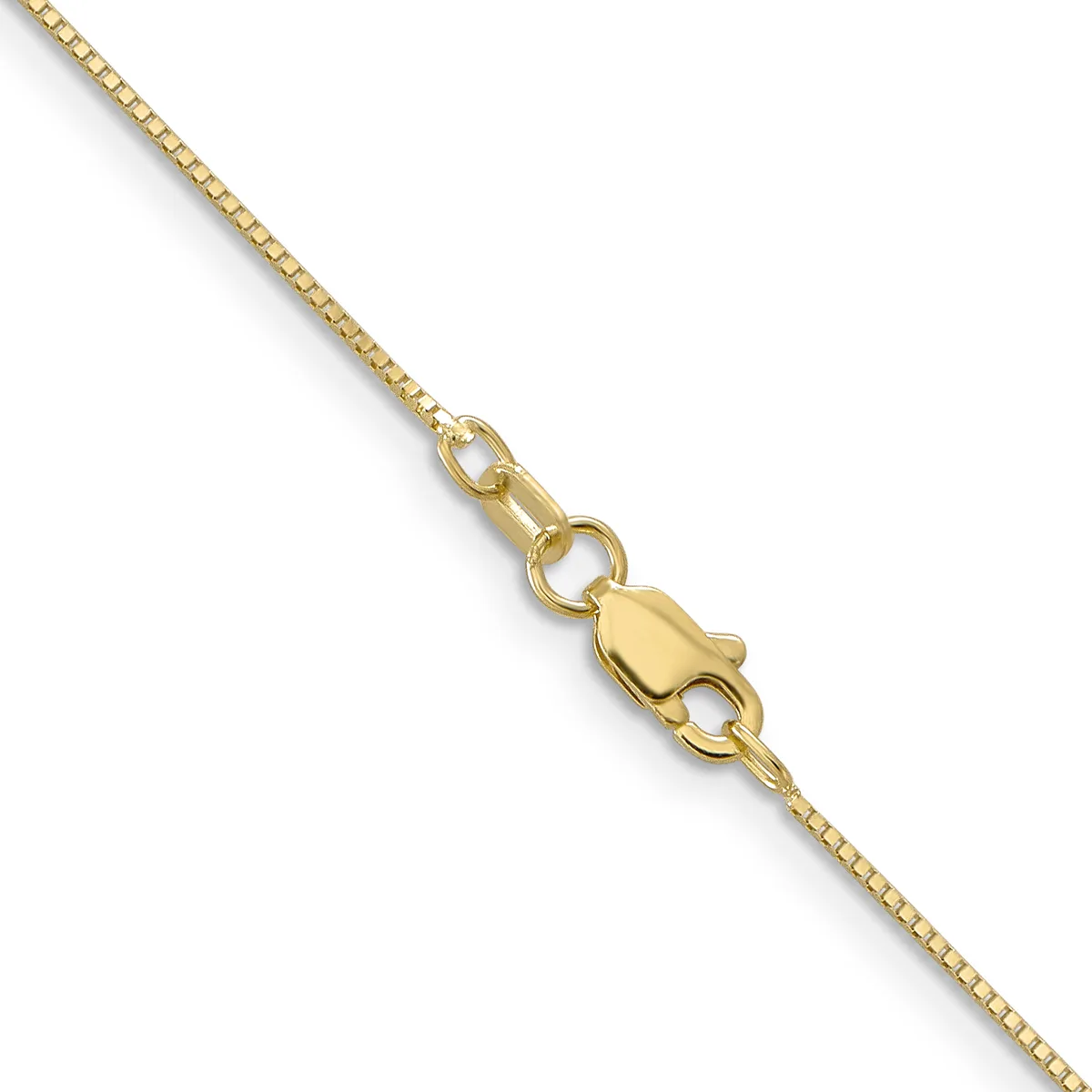 A gold chain necklace with a small box clasp fastener shown against a white background.
