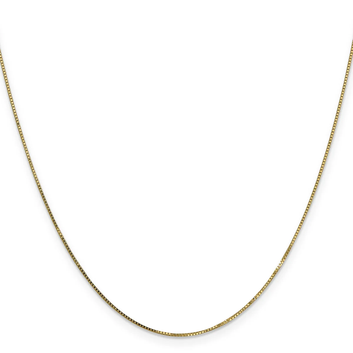 A thin gold chain necklace displayed against a white background.