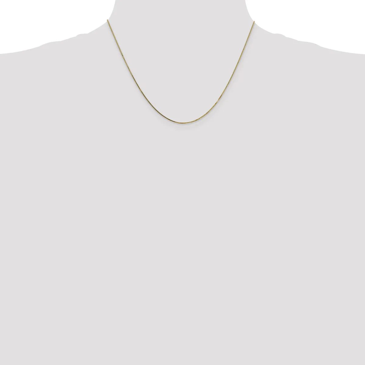 A thin gold-toned snake chain necklace displayed on a dress form mannequin against a white background.