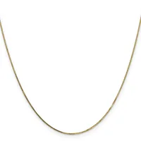A delicate gold-toned chain necklace with a box link design displayed against a white background.