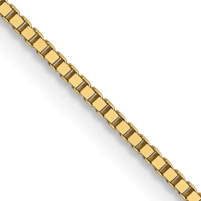 A gold-toned box link chain bracelet displayed diagonally against a white background.