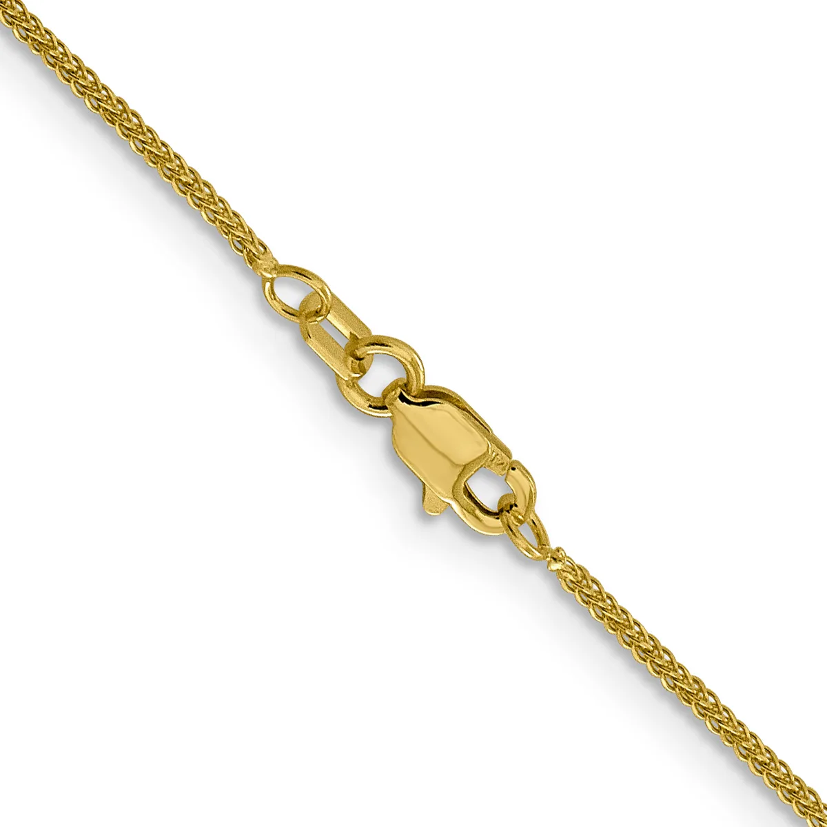 A gold-toned chain necklace with a braided or woven texture and a lobster claw clasp, displayed diagonally against a white background.