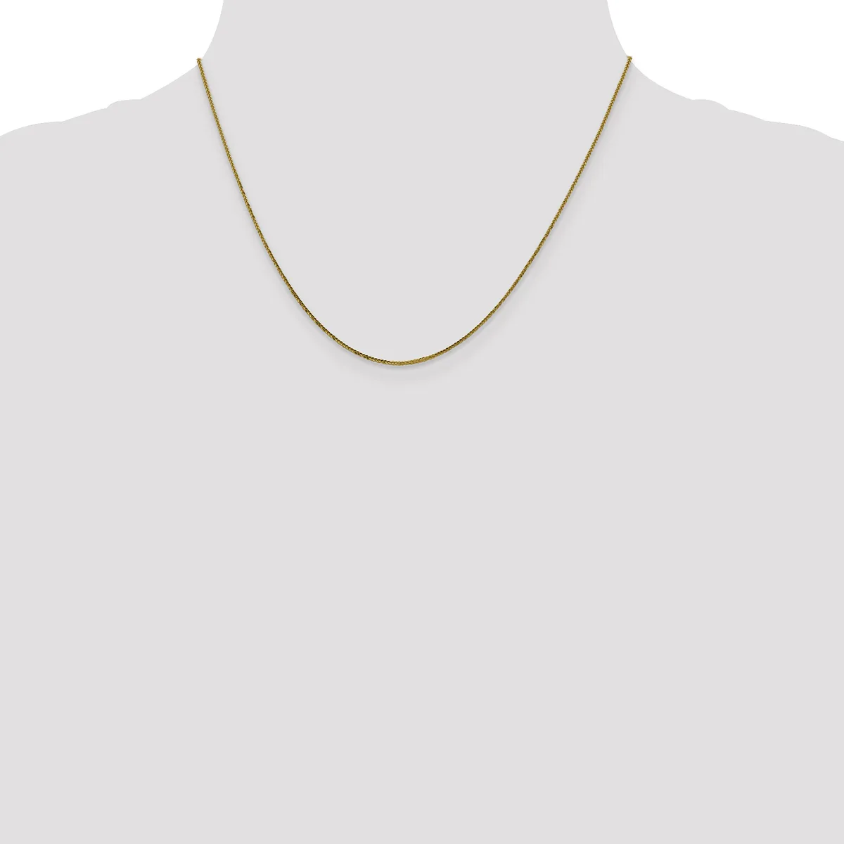 A thin gold-toned snake chain necklace displayed on a mannequin bust against a neutral background.