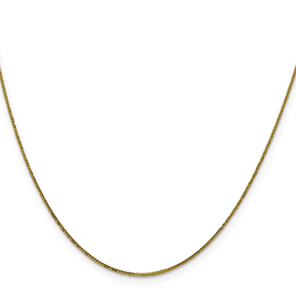 A thin gold chain necklace displayed against a white background.