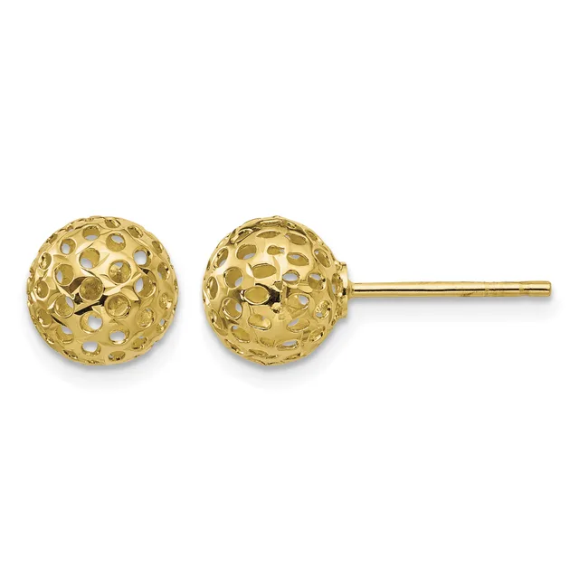 A pair of gold stud earrings with textured spherical heads connected to a thin post, displayed against a white background.