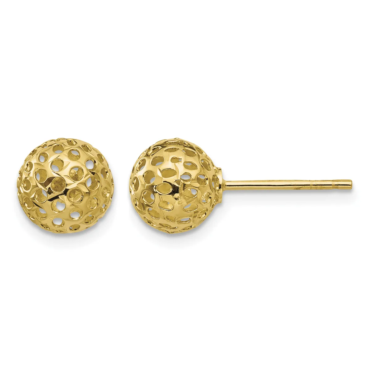 A pair of gold stud earrings with textured spherical heads connected to a thin post, displayed against a white background.
