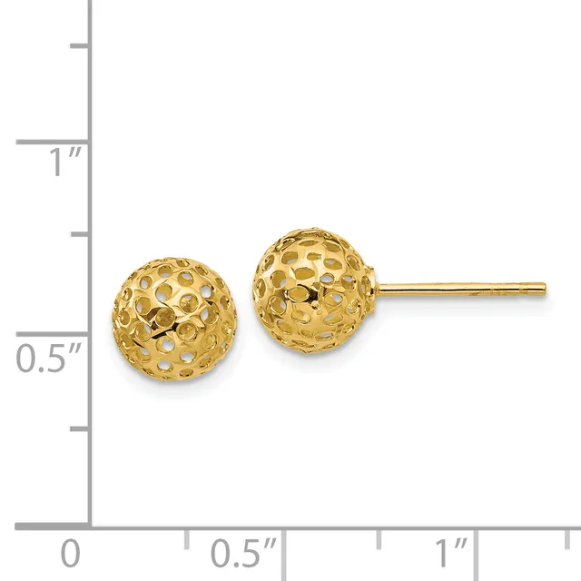 A pair of gold-colored spherical stud earrings with a textured, honeycomb-like surface pattern, shown next to a measurement scale.