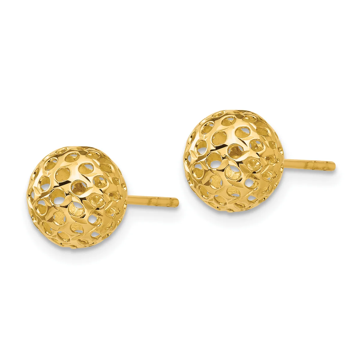 A pair of gold stud earrings with spherical filigree designs featuring openwork circular cutouts throughout, displayed on a white background.
