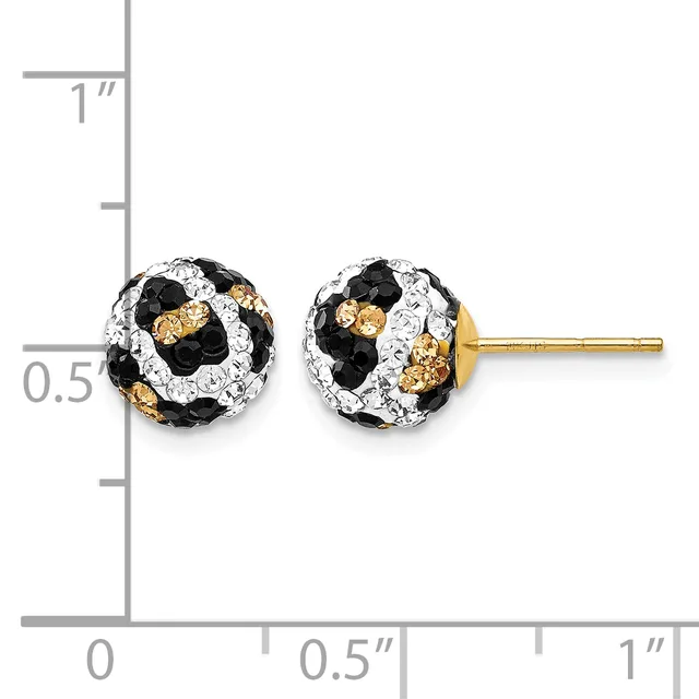 Pair of gold stud earrings with black and clear crystal spheres, shown against a measurement scale.