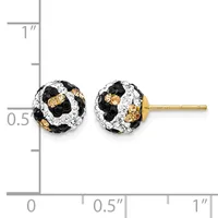 Pair of gold stud earrings with black and clear crystal spheres, shown against a measurement scale.