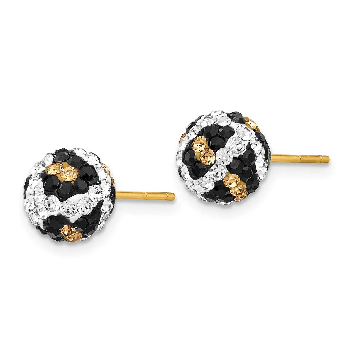 A pair of gold stud earrings with spherical heads decorated in a pattern of black and white crystals with small gold accents.
