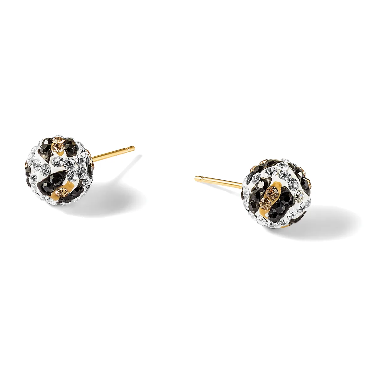 Pair of spherical stud earrings with gold posts, featuring a textured surface of black and white crystals or stones arranged in a spotted pattern.