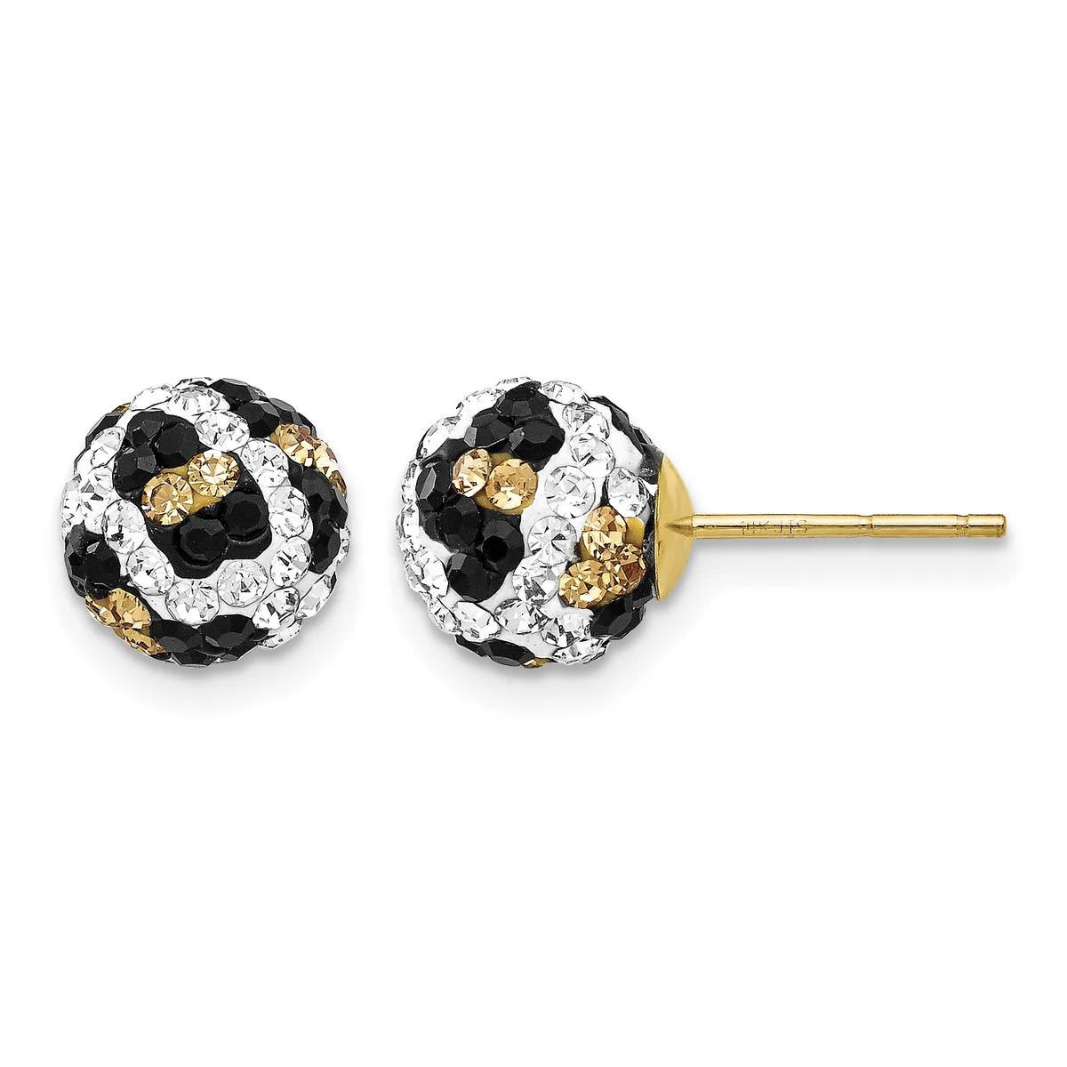 A pair of gold stud earrings with spherical heads decorated in a pattern of black and white crystals with gold crystal accents, shown from the front.
