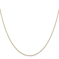 A thin gold chain necklace displayed against a white background.