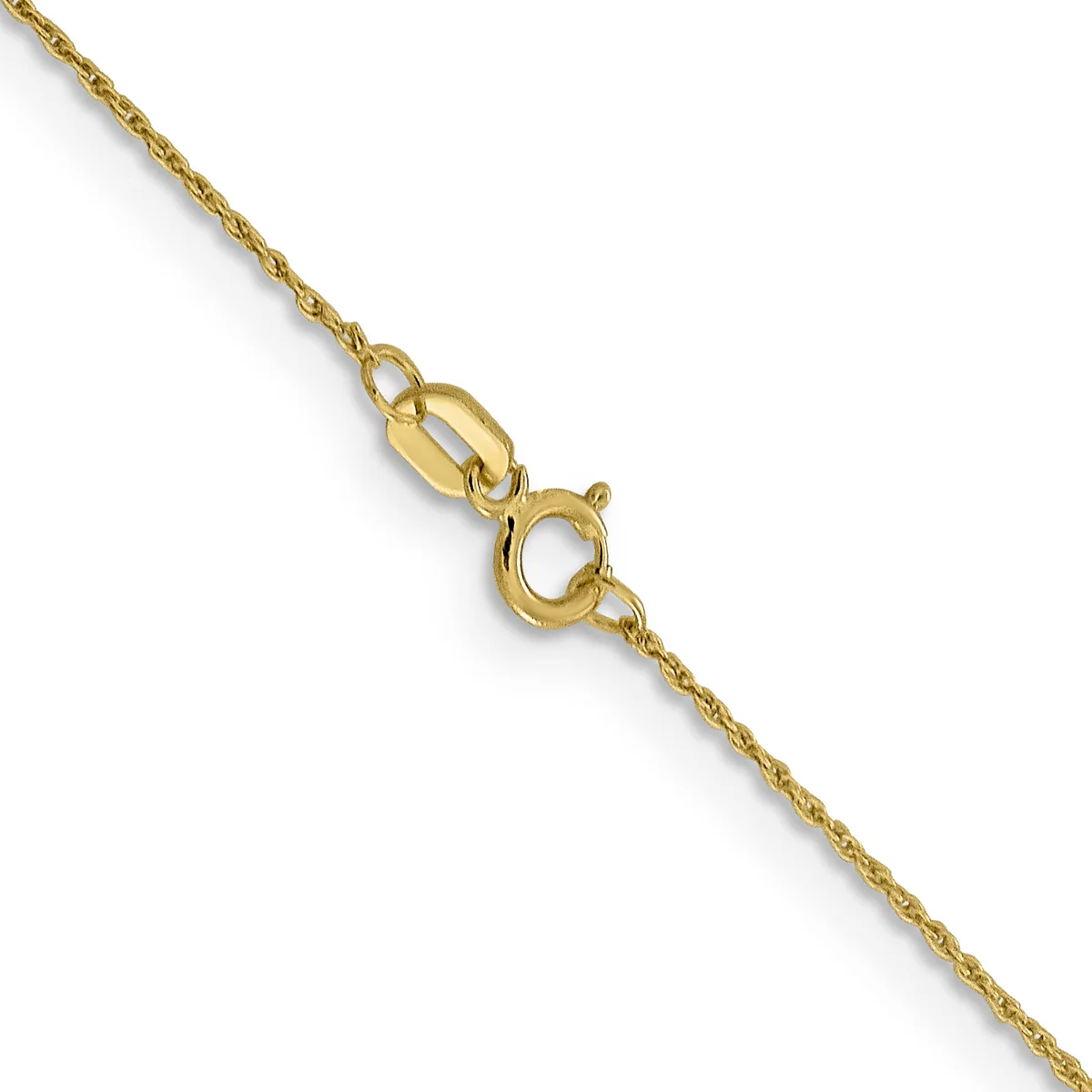 A thin gold chain with a spring ring clasp and connector ring, displayed diagonally against a white background.