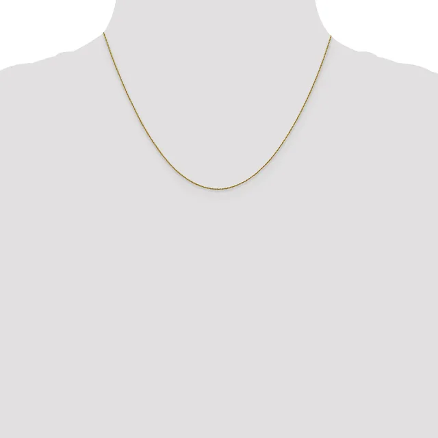 A thin gold-toned chain necklace displayed on a mannequin torso against a white background.