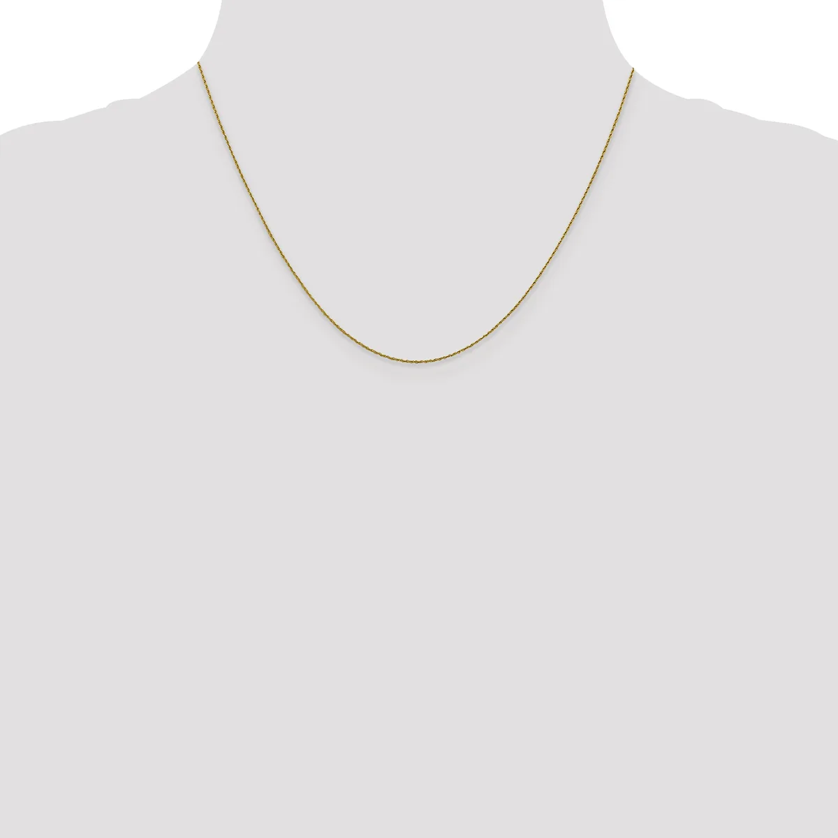 A thin gold-toned chain necklace displayed on a mannequin torso against a white background.