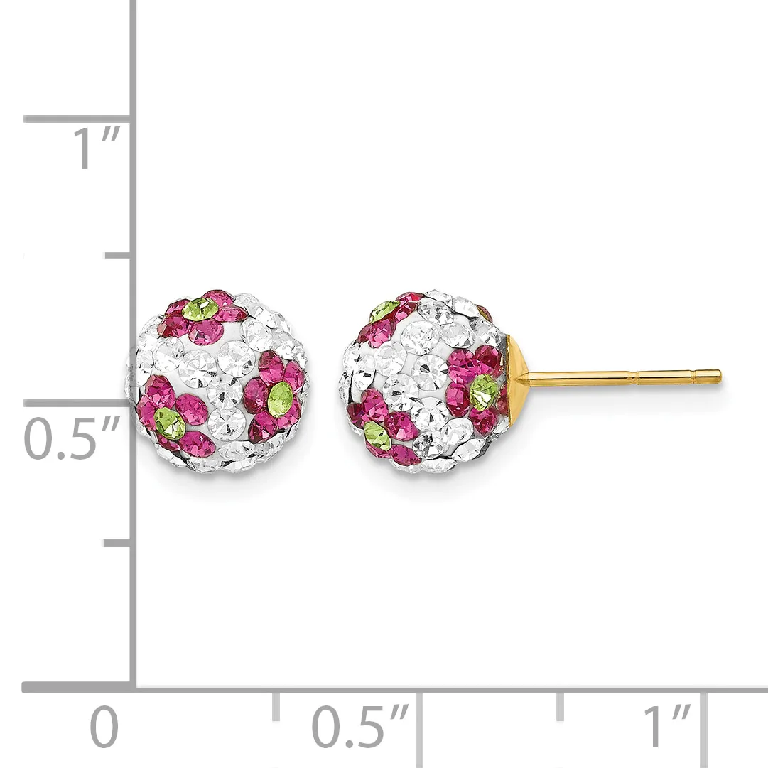 A pair of spherical stud earrings with pink and green rhinestones set in clear crystals, shown next to a measurement ruler indicating they are approximately half an inch in diameter.