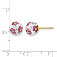 A pair of spherical stud earrings with pink and green rhinestones set in clear crystals, shown next to a measurement ruler indicating they are approximately half an inch in diameter.