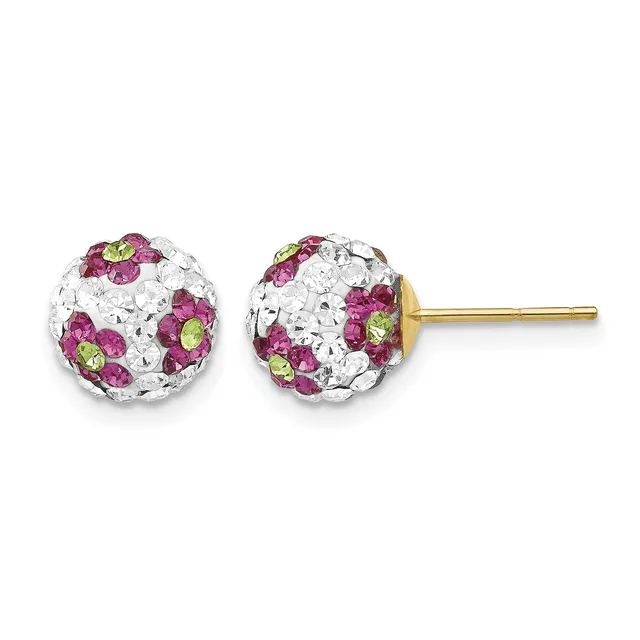 Pair of spherical stud earrings with white and purple rhinestones and yellow-green accents, mounted on gold-tone posts.