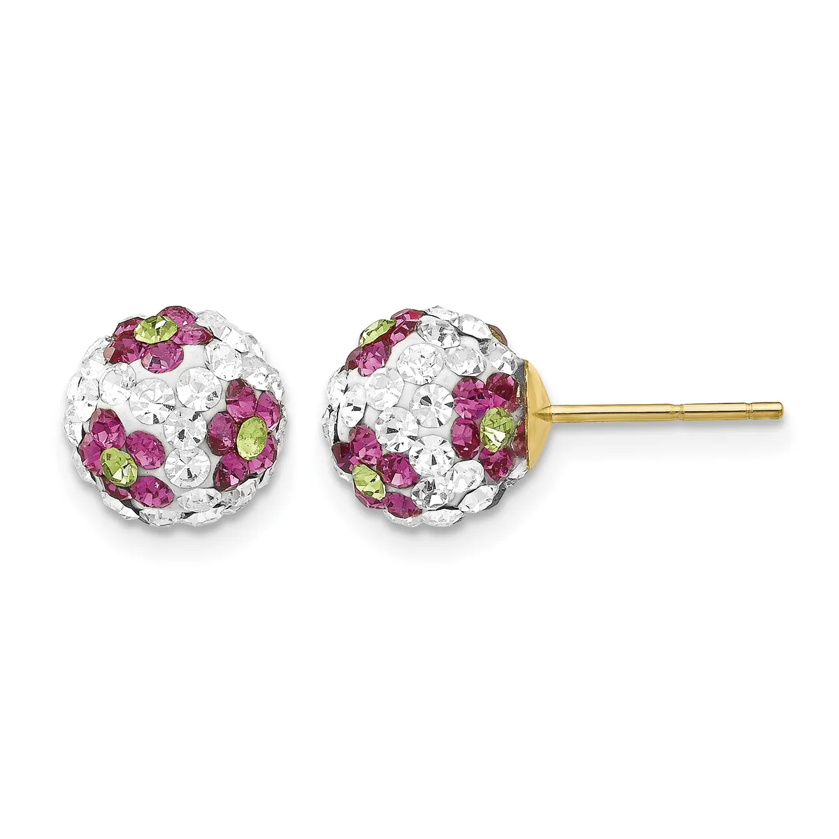 Pair of spherical stud earrings with white and purple rhinestones and yellow-green accents, mounted on gold-tone posts.