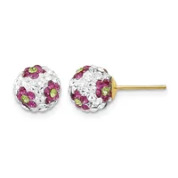 Pair of spherical stud earrings with white and purple rhinestones and yellow-green accents, mounted on gold-tone posts.