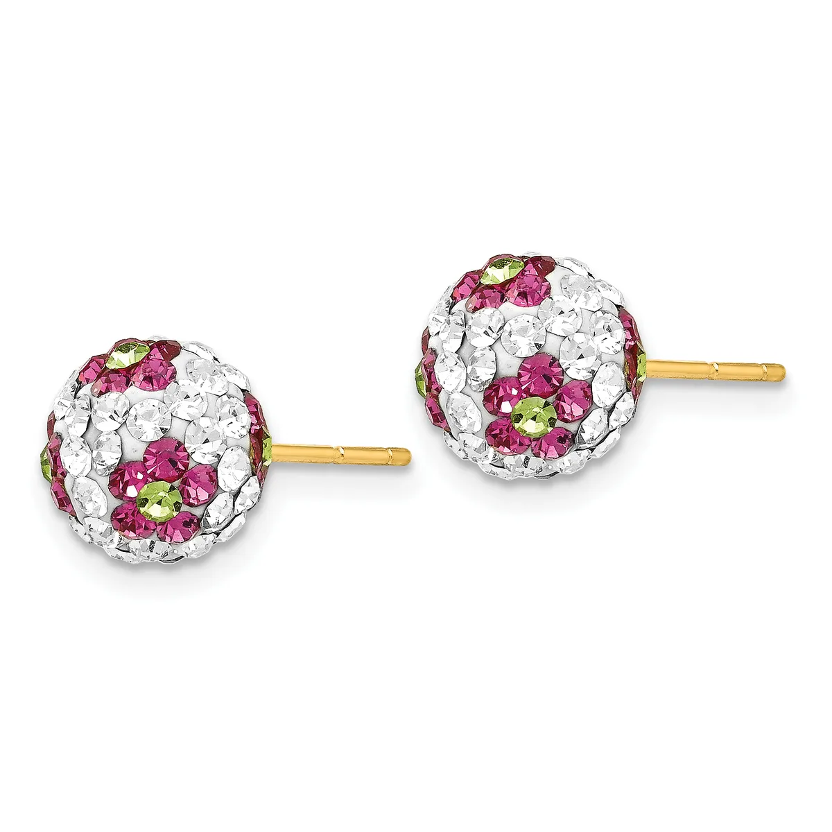 A pair of gold stud earrings with spherical heads featuring clusters of pink, green, and clear round stones arranged in a flower pattern.