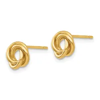 A pair of polished gold stud earrings with interlocking knot designs, displayed against a white background.