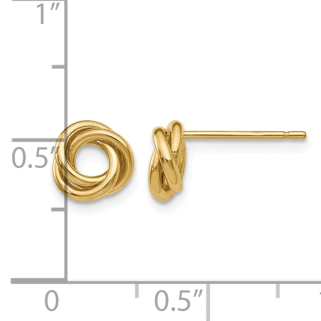 Pair of gold-toned twisted knot stud earrings displayed on a measurement scale showing approximately 0.5 inches in diameter.