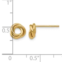 Pair of gold-toned twisted knot stud earrings displayed on a measurement scale showing approximately 0.5 inches in diameter.