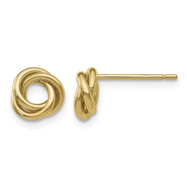 A pair of polished gold stud earrings with interlocking twisted loop designs, shown from the front and side view.