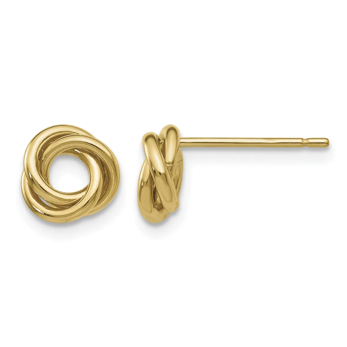 A pair of polished gold stud earrings with interlocking twisted loop designs, shown from the front and side view.