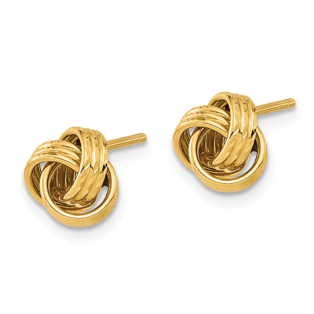 Pair of gold-toned knot stud earrings with interlocking twisted loops and post backs, shown against a white background.