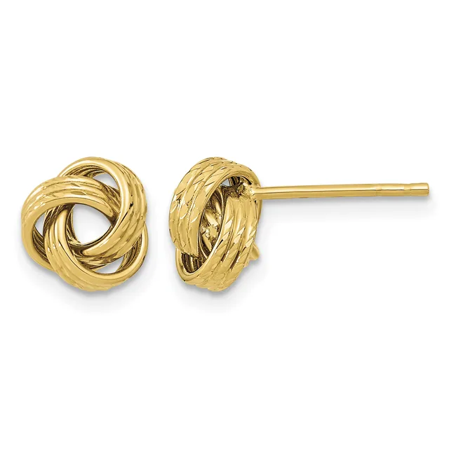 A pair of gold stud earrings with twisted knot designs, shown from front and side views against a white background.