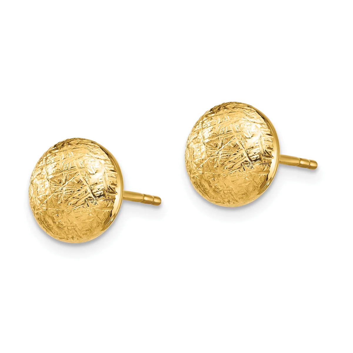 A pair of gold stud earrings with textured, hammered spherical tops on post backs against a white background.