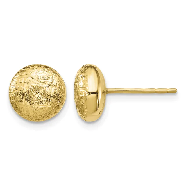 A pair of gold stud earrings with textured spherical fronts and smooth posts, shown from front and side views.