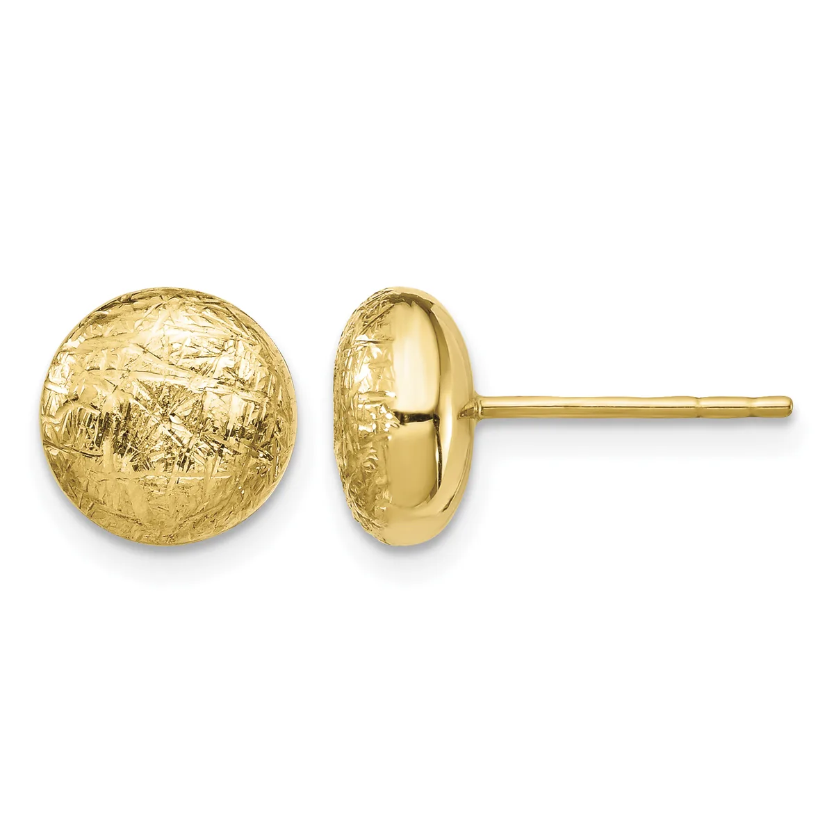 A pair of gold stud earrings with textured spherical fronts and smooth posts, shown from front and side views.