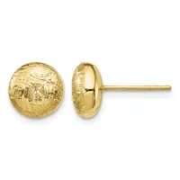 A pair of gold stud earrings with textured spherical fronts and smooth posts, shown from front and side views.