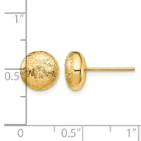 Pair of textured gold sphere stud earrings shown front and side view next to a ruler measuring approximately half an inch in diameter.
