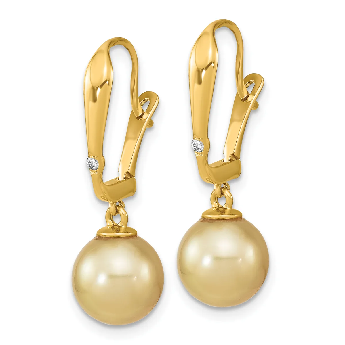Pair of gold leverback earrings with diamond accents and round golden pearl drops hanging from chain links.